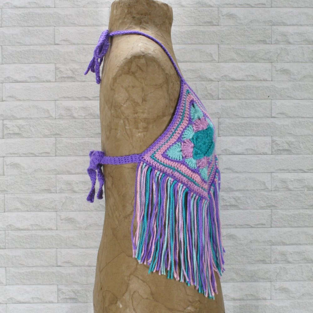 HAND CRAFTED Crop Top Crochet Halter Bikini Fringe Granny Squares Colorful - Picture 2 of 14
